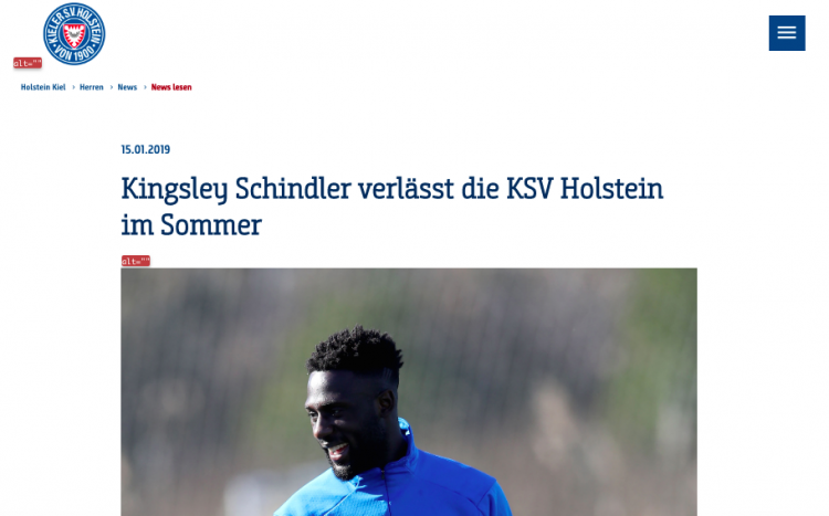 Screenshot Holstein Kiel Website - Kingsley Schneider im blauen Trainingsanzug